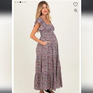 Blue Floral Off Shoulder Smocked Maternity Maxi Dress Pink Blush